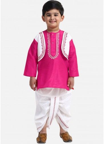 Kidswear Pink Readymade Dhoti Kurta In Silk