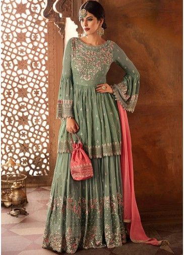 Green Embroidered Bell Sleeved Sharara Suit
