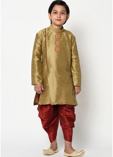 Golden Dupion Silk Angrakha Style Kids Kurta Dhoti Set