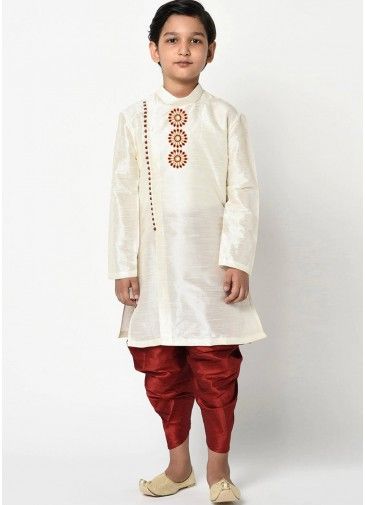 Off White Dupion Silk Angrakha Style Kids Kurta Dhoti Set
