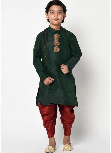 Green Embroidered Angrakha Style Kids Kurta Dhoti Set