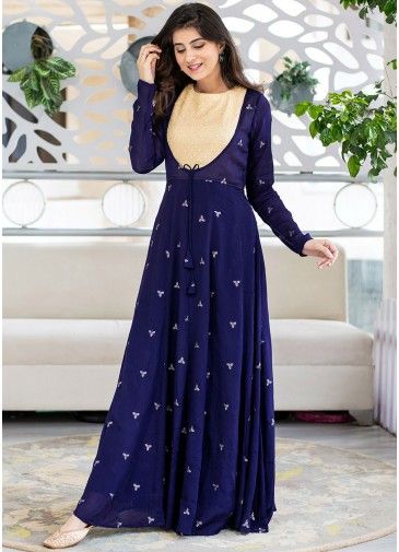 Blue Sequins Embroidered Readymade Gown In Chiffon