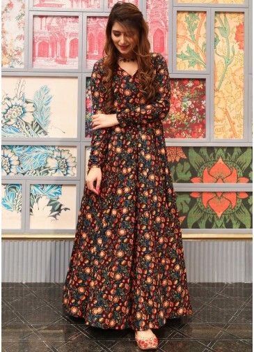 Black Floral Printed Readymade Gown In Cotton 
