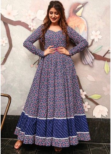 Blue Readymade Flared Gown With Digital Print