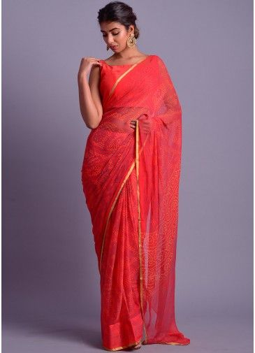 Red Bandhej Printed Saree With Blouse