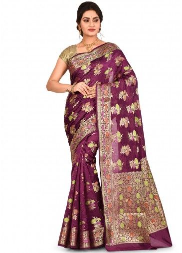 Magenta Woven Pure Silk Bridal Saree With Blouse