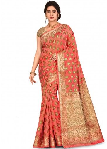 Peach Pure Silk Woven Saree With Blouse