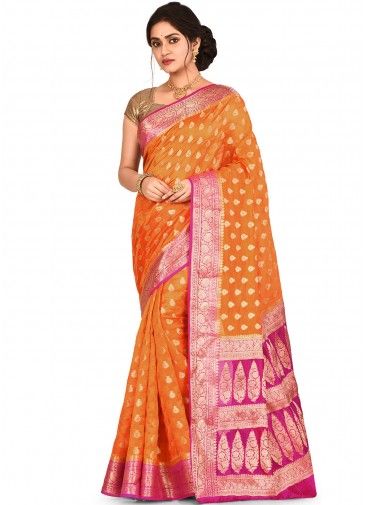 Orange Woven Pure Silk Bridal Saree With Blouse