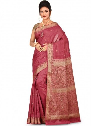 Pink Woven Pure Silk Bridal Saree With Blouse