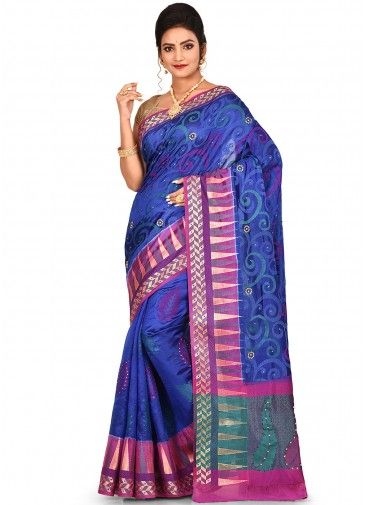 Blue Pure Silk Woven Saree With Blouse