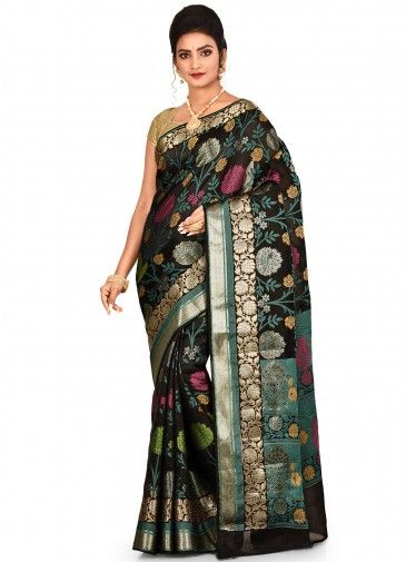 Black Woven Pure Silk Saree With Blouse