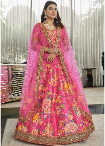 Pink Floral Print Bridesmad Lehenga Choli With Dupatta