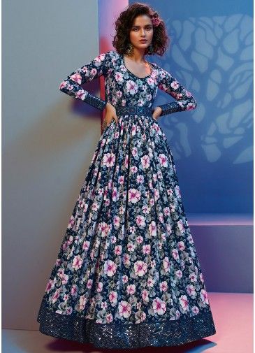 Blue Floral Printed Readymade Crape Gown