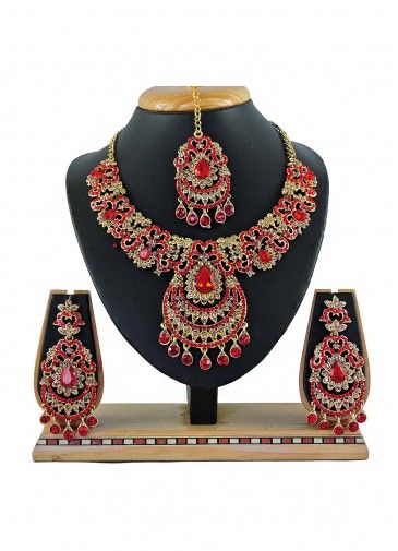 Stone Studded Golden And Red Bridal Necklace Set