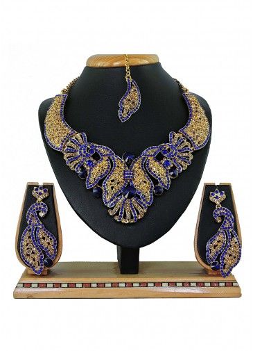Stone Studded Blue And Golden Designer Necklace Set