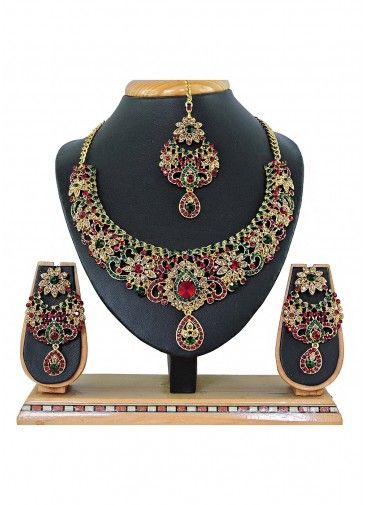 Stone Studded Red And Green Designer Necklace Set