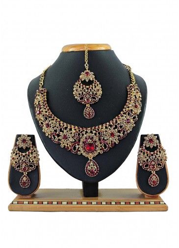 Designer Stone Studded Red And Golden Necklace Set