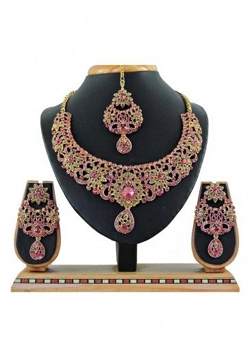 Stone Studded Golden And Pink Designer Bridal Necklace Set