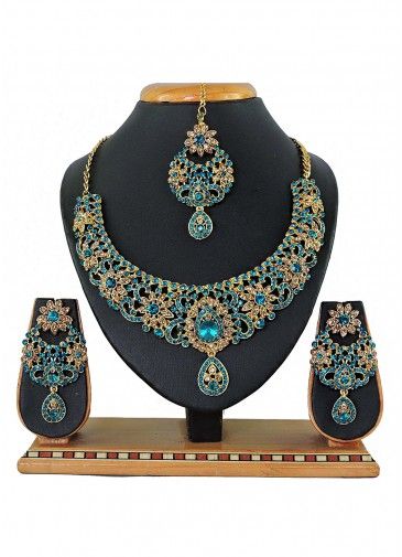 Stone Studded Golden And Blue Necklace Set