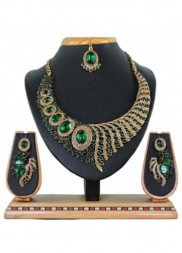 Stone Studded Golden And Green Designer Necklace Set