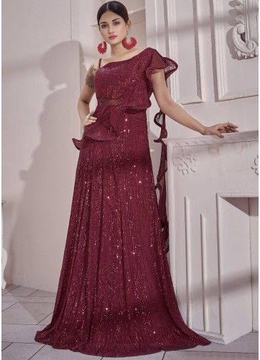 Readymade Maroon Sequins Embellished Gown