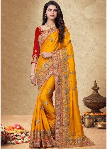 Yellow Embroidered Heavy Border Saree With Blouse