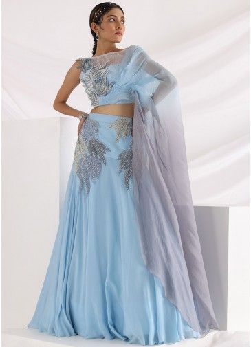 Blue Embroidered Lehenga With Attached Dupatta
