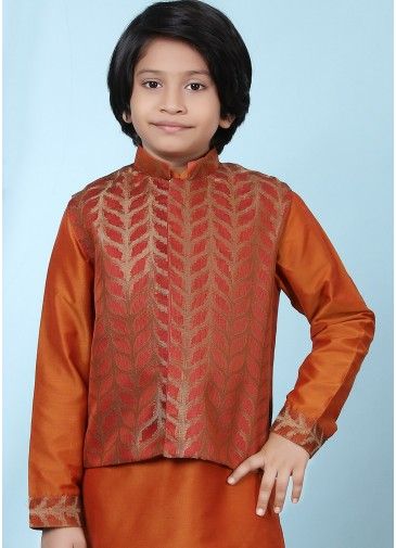 Readymade Orange Woven Nehru Jacket In Orange