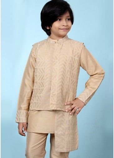 Readymade Asymmetric Beige Nehru Jacket In Silk