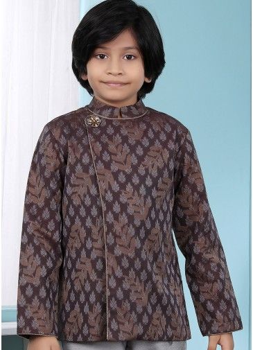 Brown Angrakha Style Readymade Woven Jacket