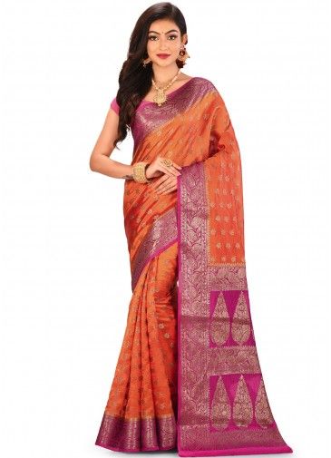 Orange Woven Pure Banarasi Silk Saree With Blouse