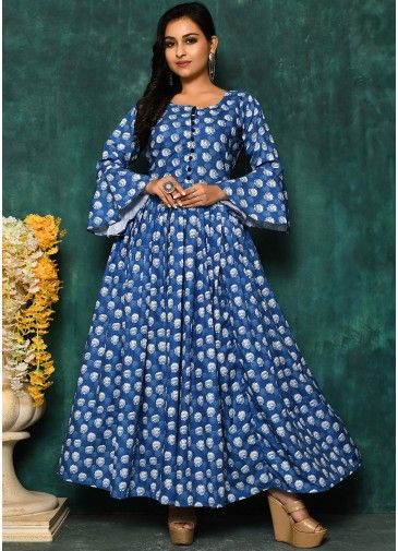 Blue Printed Readymade Bell Sleeved Gown