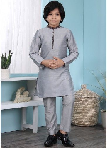 Plain Grey Readymade Kurta Pajama In Cotton