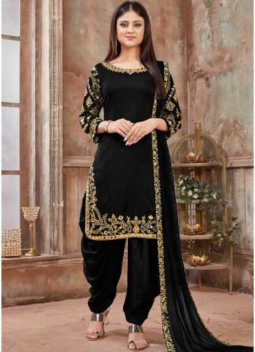 Black Art Silk Mirror Work Punjabi Suit