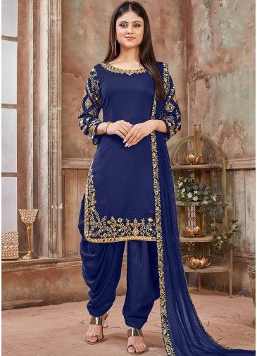 Blue Art Silk Mirror Work Punjabi Suit
