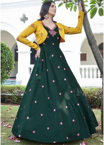 Green Sequins Embroidered Readymade Jacket Style Gown
