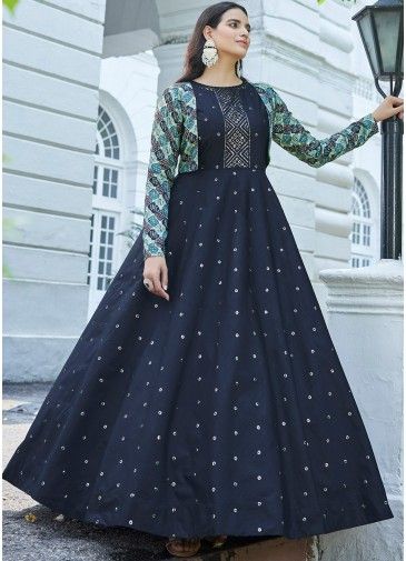 Blue Sequins Embroidered Readymade Jacket Style Gown