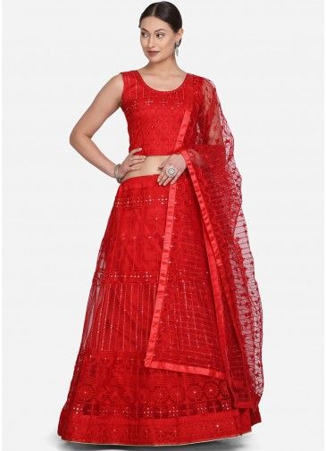 Red Net Lehenga Choli In Thread Embroidery