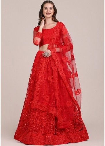 Red Thread Embroidered Lehenga Choli In Net