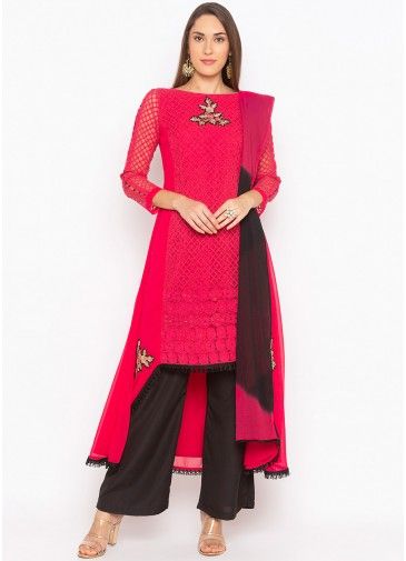 Readymade Red Asymmetric Embroidered Pant Suit