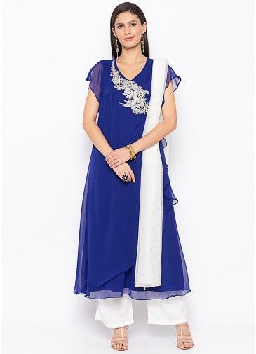Readymade Blue Asymmetric Embroidered Pant Suit