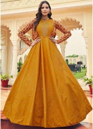 Yellow Sequined Cotton Readyamde Gown With Jacket