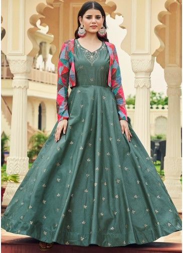 Green Sequined Cotton Readyamde Gown With Jacket