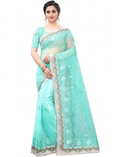 Turquoise Embroidered Heavy Border Net Saree