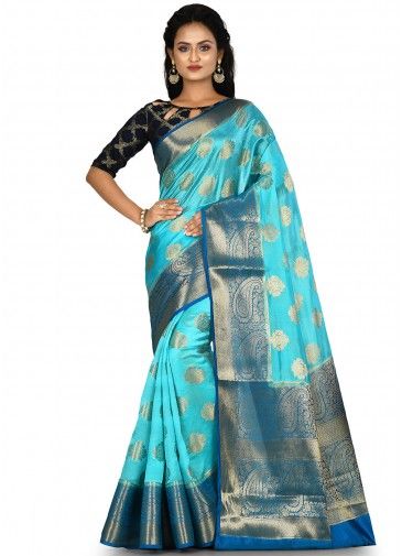 Blue Banarasi Silk Woven Saree With Blouse