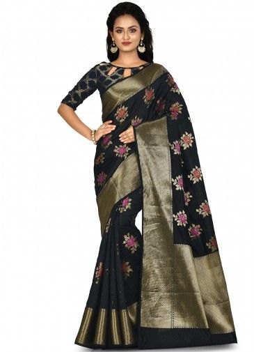 Embroidered, Woven, Floral Print Banarasi Silk Blend Saree (Black) – Griiham