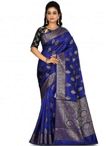 Blue Woven Banarasi Silk Saree With Blouse