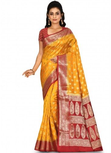 Yellow Banarasi Silk Woven Saree With Blouse