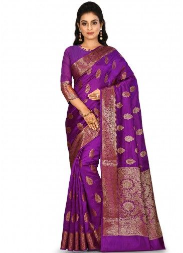 Purple Banarasi Silk Woven Saree With Blouse