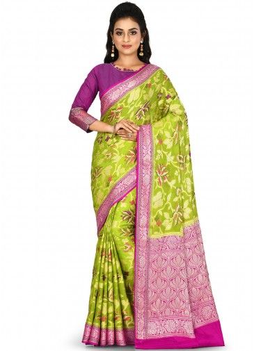 Green Floral Woven Pure Banarasi Silk Saree